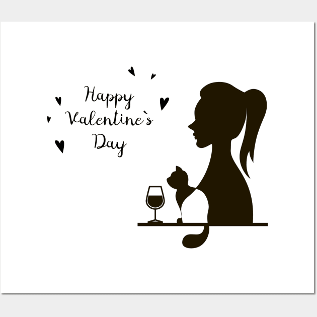 Happy Valentine`s Day female silhouette with the silhouette of a cat and a glass of wine Wall Art by satinrain